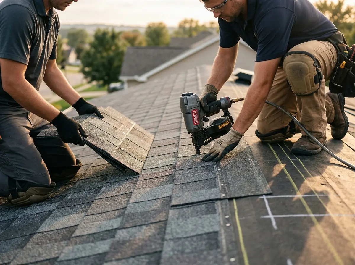 Professional roofer working on a residential roof in Hayden